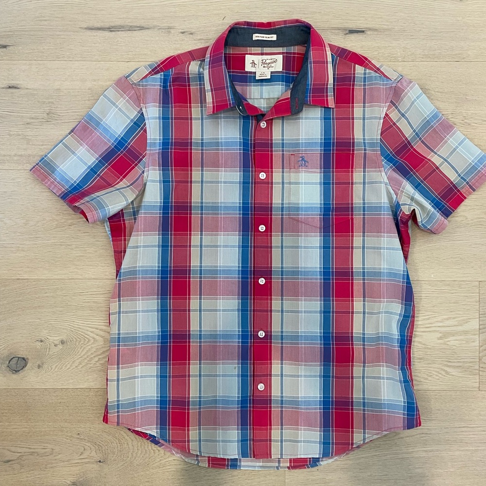 Penguin plaid red/blue Large blouse